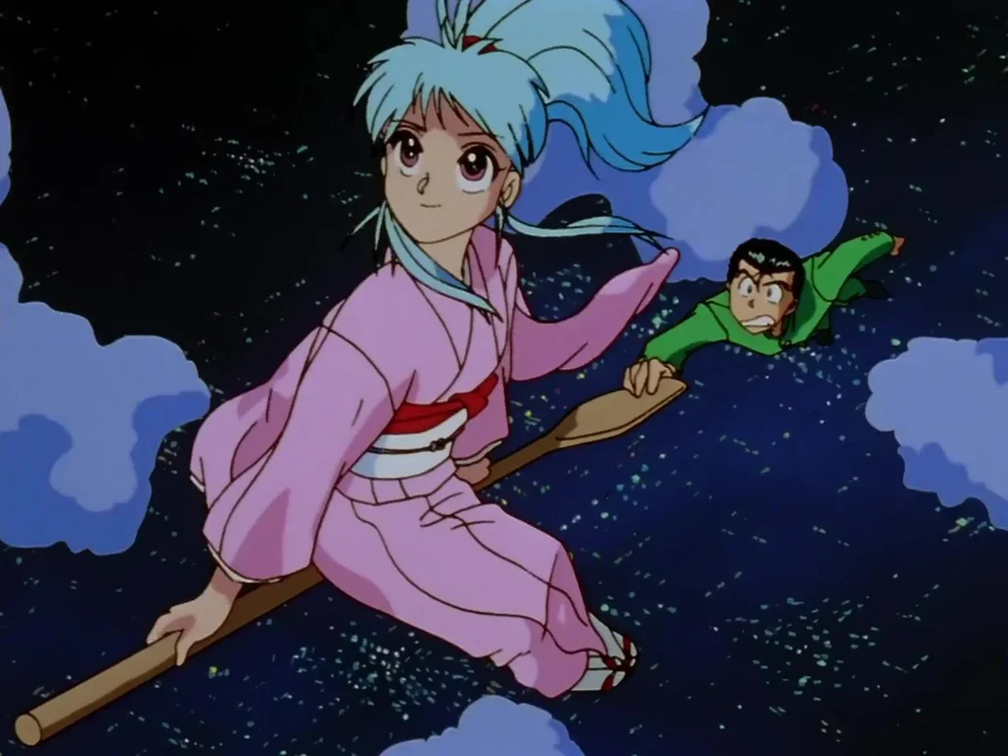 Botan voando na vassoura com Yusuke